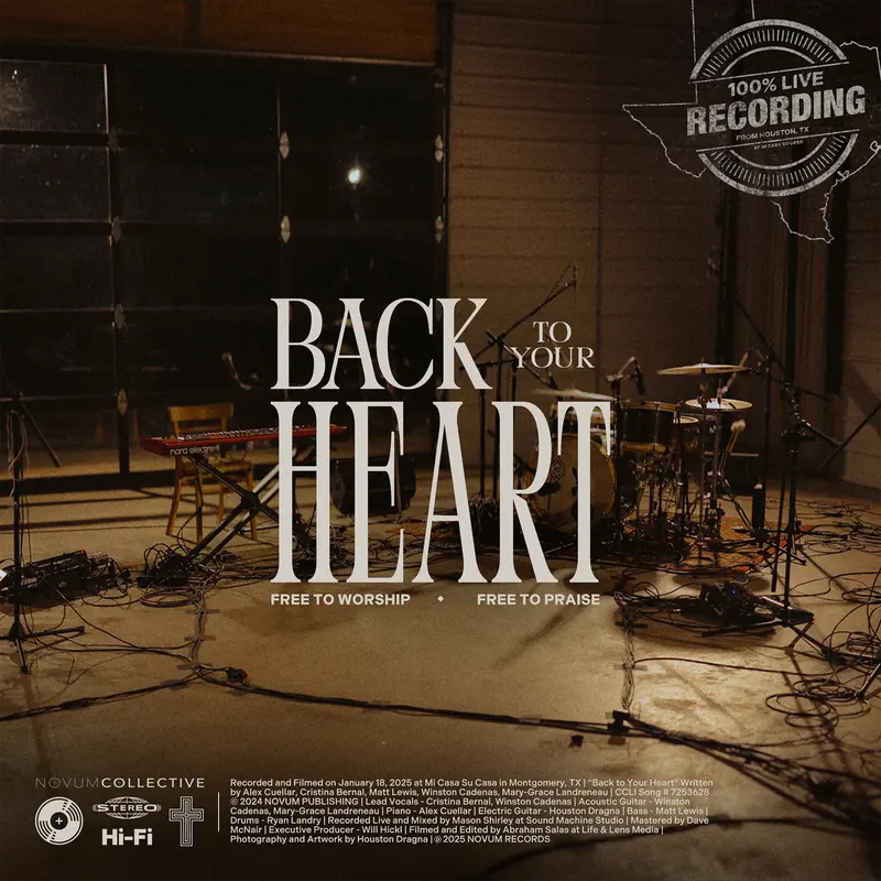 Back to Your Heart album art for Novum Records, live recording setup with serif title lockup