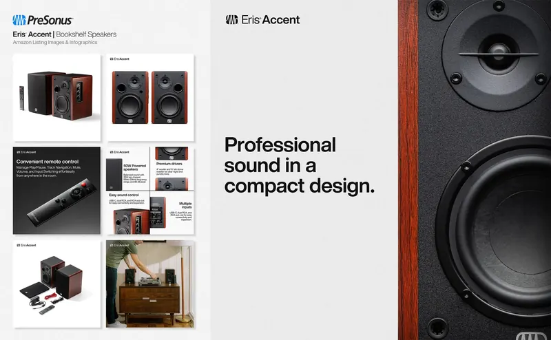 PreSonus Eris speaker Amazon listing card with feature callouts
