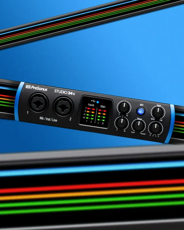 PreSonus Studio 24c interface graphic with a motion swish treatment