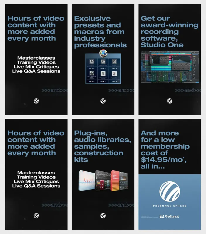 PreSonus Sphere social graphic stack showing layered campaign layouts
