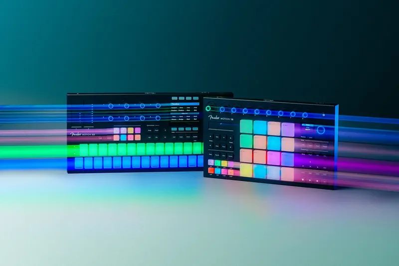 Elevated studio product shot of the Fender Motion controller with glowing multicolour pads