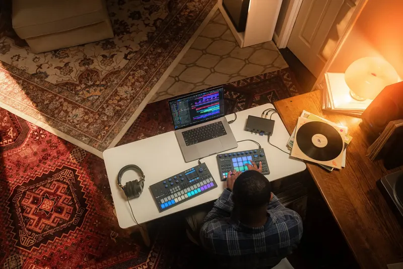 Fender Motion controller family arranged on a desk in a lifestyle studio setting
