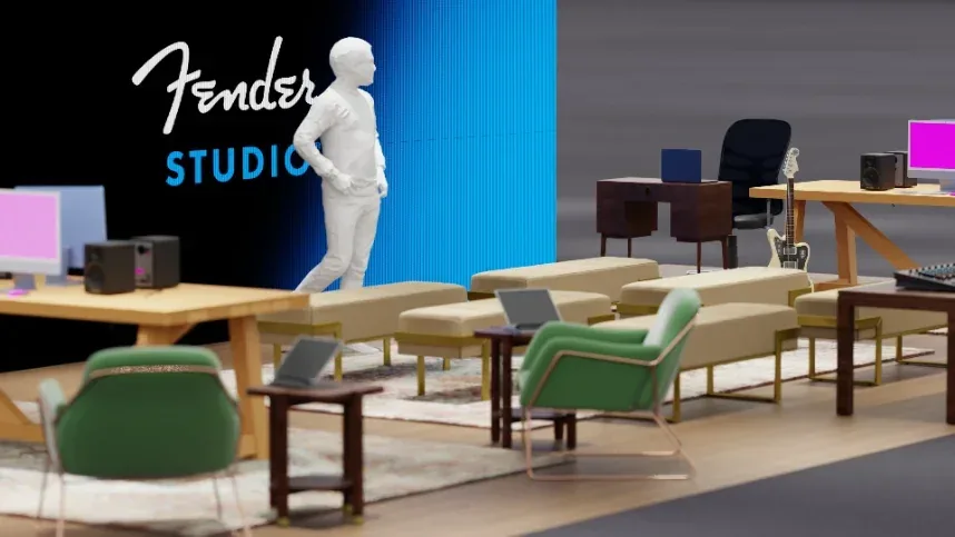 Blender previz of the Fender Studio NAMM booth, detail angle