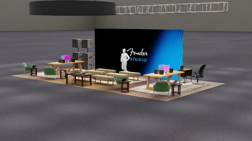 Blender previz of the Fender Studio NAMM booth, wide front angle