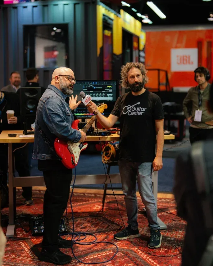 The finished Fender Studio booth on the NAMM floor, detail angle